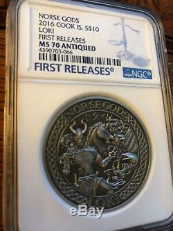 2016 COOK ISLANDS 2 OZ SILVER $10 NORSE GODS Loki NGC MS 70 ANTIQUED PERFECTION