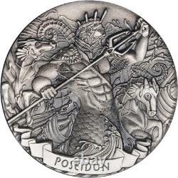 2016 Cook Islands 2 Ounce Silver $2 Gods of Olympus POSEIDON Antique Finish