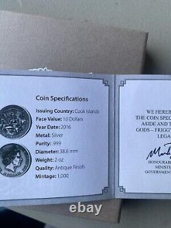 2016 Cook Islands 2 oz. 999 Antiqued Silver Norse Gods FRIGG, Low Mintage