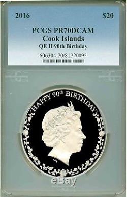 2016 Cook Islands $20 Queen Elizabeth II 90th Birthday 3 Oz. PCGS PR70 DCAM COA