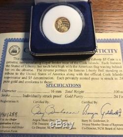 2016 Cook Islands $5 Proof Statue of Liberty Coin 1/10oz of 0.24 Gold