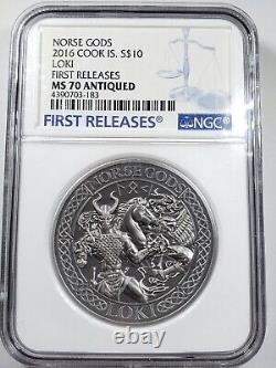 2016 Cook Islands Norse Gods LOKI 2 Oz Silver Coin NGC MS 70 Antiqued