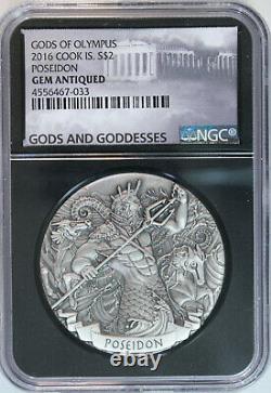 2016 Cook Islands POSEIDON $2 2oz Silver Gods of Olympus HR Antiqued NGC GEM BU