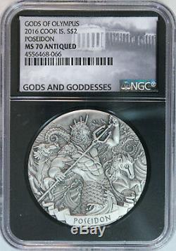 2016 Cook Islands Poseidon $2 2oz Silver Gods of Olympus HR Antiqued NGC MS70
