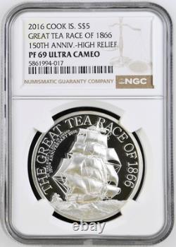 2016 Cook Islands S$5 Dollars Great Tea Race of 1866 Silver 150th Ann NGC PF69UC