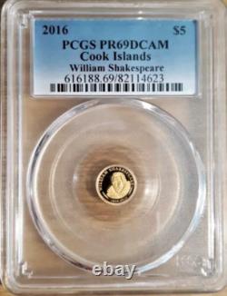 2016 PCGS PR69DCAM COOK ISLANDS WILLIAM SHAKESPEARE $5 GOLD (0.9999) COIN 0.5g