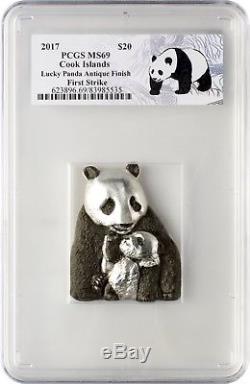 2017 $20 Cook Islands Lucky Panda 88g. 999 Silver Coin PCGS MS69 First Strike