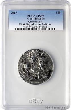 2017 $20 Cook Islands Quetzalcoatl 3oz. 999 Silver Antiqued Coin PCGS MS69 FD