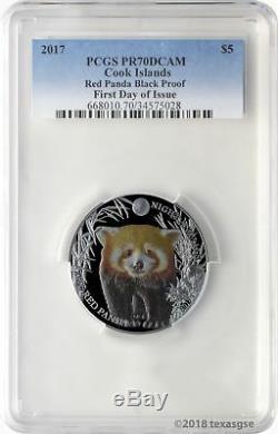 2017 $5 Cook Islands Red Panda. 999 Silver Black Proof Coin PCGS PR70DCAM FD