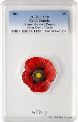 2017 $5 Cook Islands Remembrance Poppy. 999 Silver Coin PCGS PL70 First Day