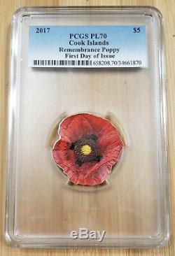 2017 COOK ISLANDS Remembrance Poppy 1 oz Silver $5 PCGS PL70 FIRST DAY ISSUE