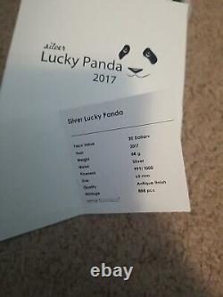 2017 Cook Island Lucky Panda 88g Silver Antique Finish With Box & COA 888 Made