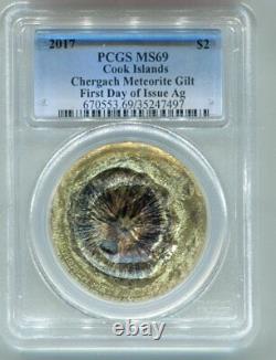 2017 Cook Islands $2 Silver Chergach Meteorite Gilt Coin PCGS MS69 F. D. O. I