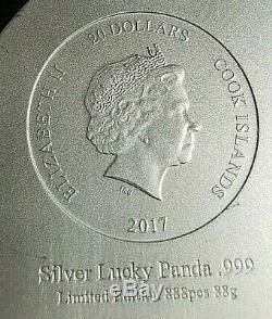 2017 Cook Islands Lucky Panda with Antique Finish 88 grams. 999 Silver! PCGS MS69