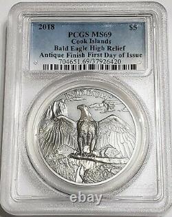 2018 1 Oz Silver $5 Cook Islands Animals BALD EAGLE PCGS MS69 FDOI Antiqued Coin