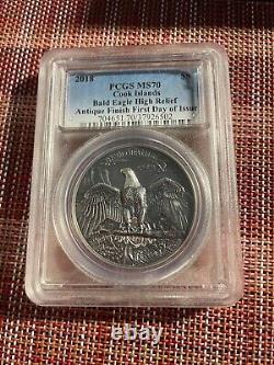2018 1 Oz Silver $5 Cook Islands BALD EAGLE High Relief Antiqued Coin MS70
