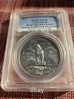 2018 1 Oz Silver $5 Cook Islands BALD EAGLE High Relief Antiqued Coin MS70