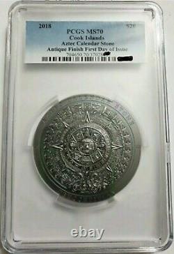 2018 20$ Archeology Symbolism AZTEC CALENDAR STONE MS70 FDOI 3 Oz Silver Coin