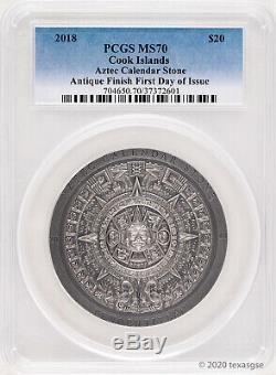 2018 $20 Cook Islands Aztec Calendar Stone 3oz Silver Antiqued Coin PCGS MS70 FD