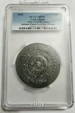 2018 $20 Cook Islands Aztec Calendar Stone 3oz Silver Antiqued Coin PCGS MS70 FD