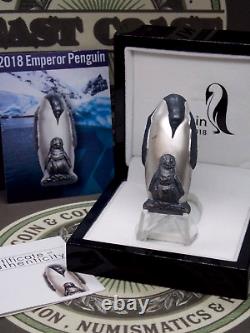 2018 $20 Cook Islands EMPEROR PENGUIN 88g. 999 SILVER Antique Finish Box & COA