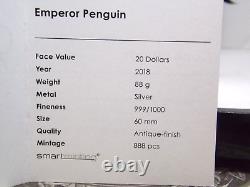 2018 $20 Cook Islands EMPEROR PENGUIN 88g. 999 SILVER Antique Finish Box & COA