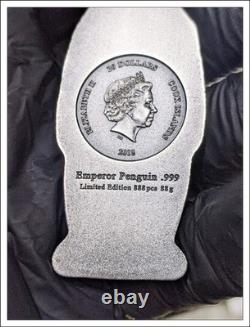 2018 $20 Cook Islands EMPEROR PENGUIN 88g. 999 SILVER Antique Finish Box & COA
