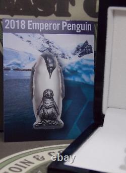 2018 $20 Cook Islands EMPEROR PENGUIN 88g. 999 SILVER Antique Finish Box & COA