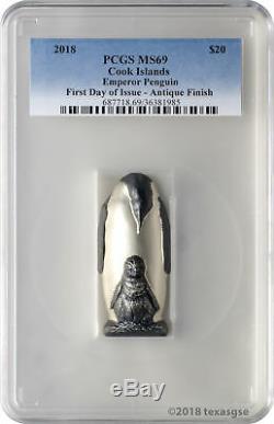 2018 $20 Cook Islands Emperor Penguin 88g 999 Silver Antique Finish PCGS MS69 FD