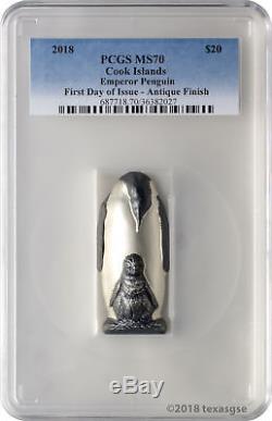 2018 $20 Cook Islands Emperor Penguin 88g 999 Silver Antique Finish PCGS MS70 FD