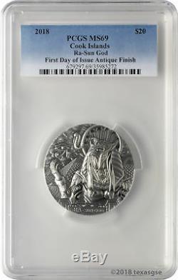 2018 $20 Cook Islands Ra Sun God 3oz. 999 Silver Antiqued Coin PCGS MS69 FD