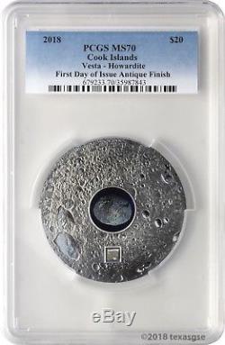 2018 $20 Cook Islands Vesta Howardite 3 oz. Silver Antiqued Coin PCGS MS70 FD