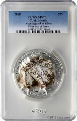 2018 $25 Cook Islands 7 Summits Aconcagua 5oz. 999 Silver Coin PCGS MS70 FD