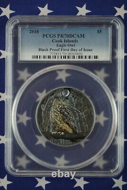 2018 $5 Cook Island 1oz. 999 Silver Black Proof Eagle Owl PCGS PR70 FDI COA+Box