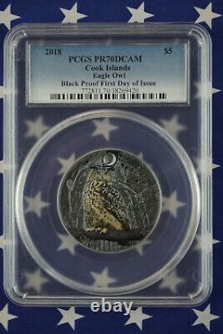 2018 $5 Cook Island 1oz. 999 Silver Black Proof Eagle Owl PCGS PR70 FDI COA+Box