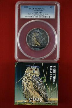 2018 $5 Cook Island 1oz. 999 Silver Black Proof Eagle Owl PCGS PR70 FDI COA+Box