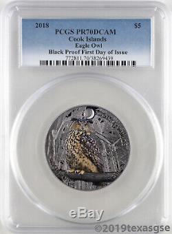 2018 $5 Cook Islands 1oz Silver Black Proof Eagle Owl PR70 First Day