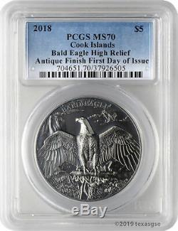 2018 $5 Cook Islands Bald Eagle 1oz. 999 Silver High Relief Coin PCGS MS70 FD