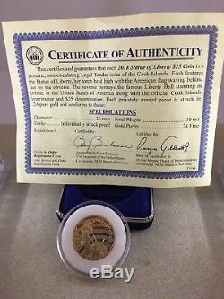 2018 Cook Islands $25 1/2 oz 24K Pure Gold Statue Of Liberty Coin with COA and Box