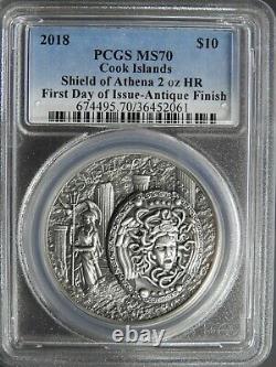 2018 Cook Islands Ag $10 Shield of Athena FDOI PCGS MS70 Medusa RGUTH042/027/012