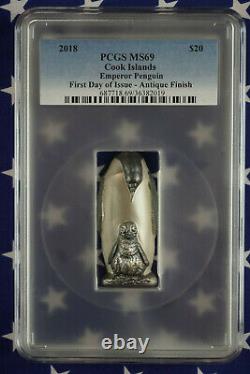 2018 Cook Islands Emperor Penguin 88g. 999 Silver Antique Finish PCGS MS69 + COA