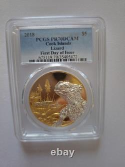 2018 PCGS PR70 DCAM FIRST DAY OF ISSUE! Cook Islands Lizard Gilded Silver Coin