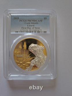 2018 PCGS PR70 DCAM FIRST DAY OF ISSUE! Cook Islands Lizard Gilded Silver Coin