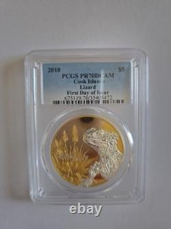 2018 PCGS PR70 DCAM FIRST DAY OF ISSUE! Cook Islands Lizard Gilded Silver Coin