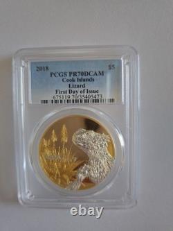 2018 PCGS PR70 DCAM FIRST DAY OF ISSUE! Cook Islands Lizard Gilded Silver Coin