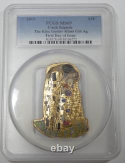 2019 $10 Cook Islands The Kiss, Gustav Klint Gilt Ag FDOI PCGS MS69 2oz Silver
