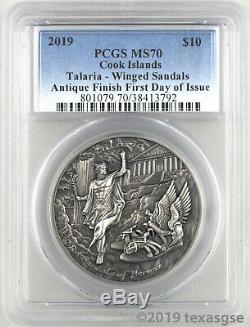 2019 $10 Cook Islands Winged Sandals of Hermes 2oz Silver Coin PCGS MS70 FDI