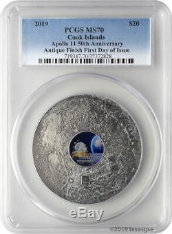 2019 $20 Cook Islands Apollo 11 50th Ann. 3oz Silver Antiqued Coin PCGS MS70 FD