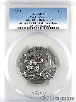 2019 $20 Cook Islands Atlas 3oz Antiqued Silver Coin PCGS MS69 FDI