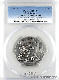 2019 $20 Cook Islands Atlas 3oz Antiqued Silver Coin PCGS MS70 FDI